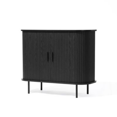 Image showing  Mid-Century Modern 2-Door Accent Cabinet with Slatted Sliding Doors, Black