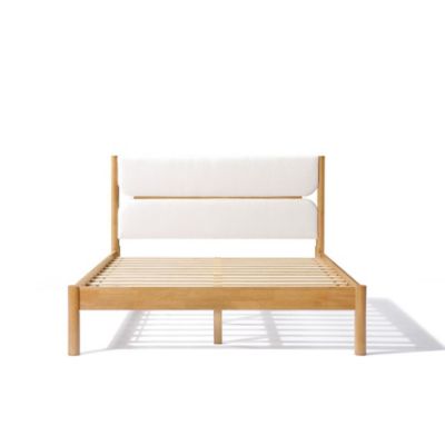 LuxenHome Upholstered Panels with Natural Rubber Wood Frame Platform Bed, Queen