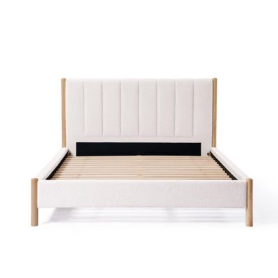 LuxenHome Vertical Rolls Upholstered Headboard with Rubberwood Legs Platform Bed, Queen