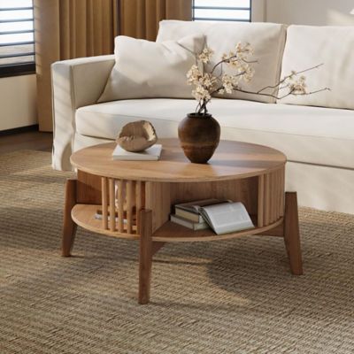 Image showing  Oak Finish Manufactured Wood 31.5-Inch Round Coffee Table with Rubberwood Legs
