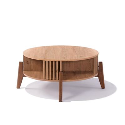 Image showing  Oak Finish Manufactured Wood 31.5-Inch Round Coffee Table with Rubberwood Legs