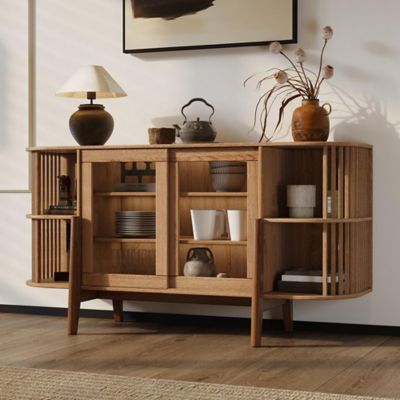 Image showing  2-Door and Open Storage 59-Inch Wide Sideboard Server Cabinet with Rubberwood Legs