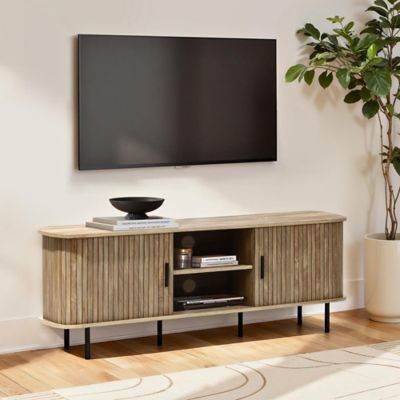 Image showing 5 th LuxenHome Mid-Century Modern 2-Door 55.1 in. Wide TV Console with Slatted Slidng Doors