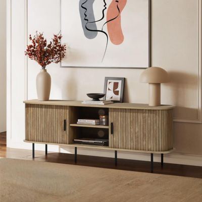 Image showing 6 th LuxenHome Mid-Century Modern 2-Door 55.1 in. Wide TV Console with Slatted Slidng Doors