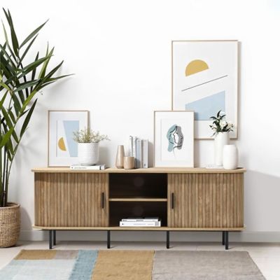 Image showing 7 th LuxenHome Mid-Century Modern 2-Door 55.1 in. Wide TV Console with Slatted Slidng Doors