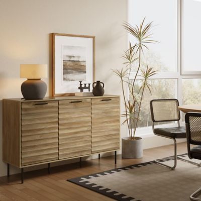 Image showing  Mid-Century Modern Wave 3-Door 55.1-Inch Wide Kitchen Sideboard Cabinet with Metal Legs