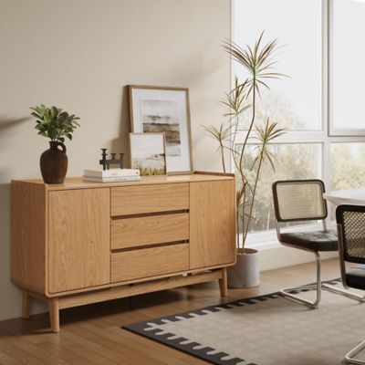 Image showing  Summer Oak Engineered Wood 55-Inch Wide Sideboard Cabinet with 3-Drawers