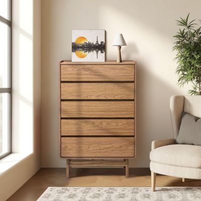 Image showing 8 th LuxenHome Summer Oak Engineered Wood 48.5 in. Tall 5-Drawer Bachelor Chest