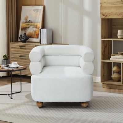 Image showing  Modern Upholstered Ivory Barrel Accent Chair with Wood Ball Legs