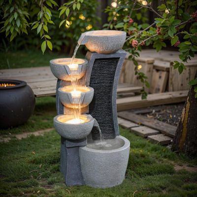 Image showing  5-Bowl Multi-Gray Modern Sculpture 26-Inch Tall Resin Fountain with Lights