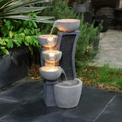 Image showing  5-Bowl Multi-Gray Modern Sculpture 26-Inch Tall Resin Fountain with Lights