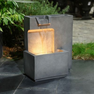 Image showing  Cascading Gray with Speckled Black Rectangle 20-Inch Tall Resin Garden Fountain with Lights and Planter