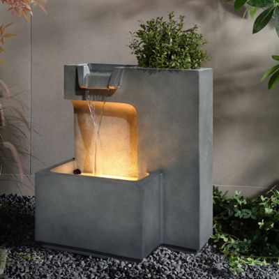 Image showing  Cascading Gray with Speckled Black Rectangle 20-Inch Tall Resin Garden Fountain with Lights and Planter