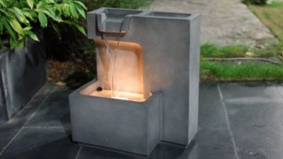 Image showing  Cascading Gray with Speckled Black Rectangle 20-Inch Tall Resin Garden Fountain with Lights and Planter