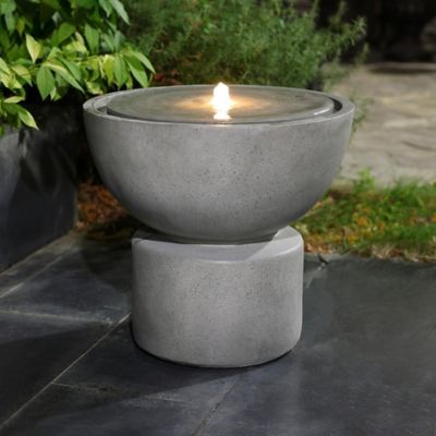 Image showing  Gray with Speckled Black Resin Round Bubbler 18.5 in. Tall Outdoor Fountain with Lights