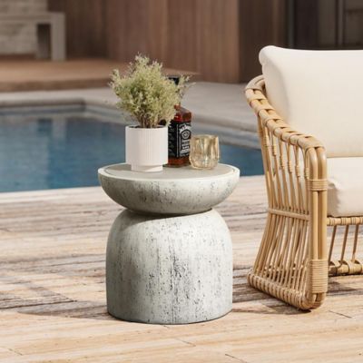 Image showing  Rustic Off White and Gray Round 15.75-Inch Tall MgO Side Table, Indoors and Outdoors