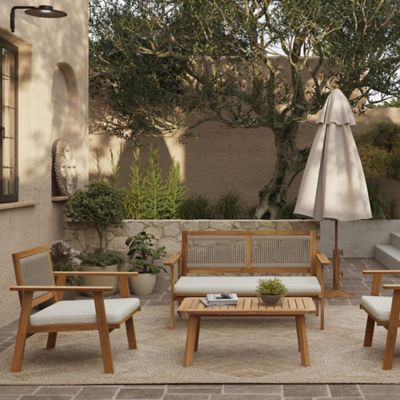 Image showing  Outdoor Acacia Wood Rope Back 4-Piece Patio Seating with Cushions and Coffee Table Set