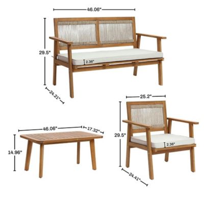 Image showing  Outdoor Acacia Wood Rope Back 4-Piece Patio Seating with Cushions and Coffee Table Set
