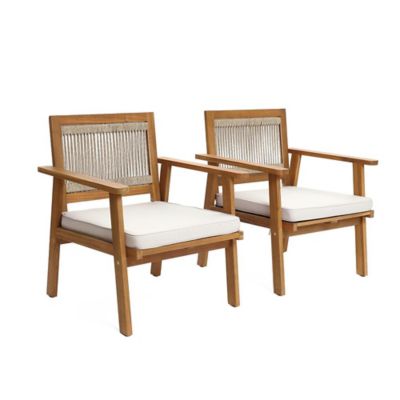 LuxenHome Outdoor Acacia Wood Rope Back Armchairs with Cushions, Set of 2