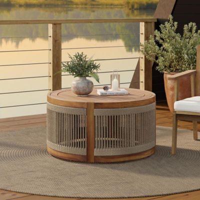 Image showing  Outdoor Acacia Wood Rope Sides Round Drum Coffee Table