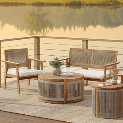 Image showing  Outdoor Acacia Wood Rope Sides Round Drum Coffee Table