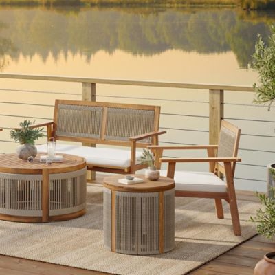 Image showing  Outdoor Acacia Wood Rope Sides Round Drum Side and End Tables