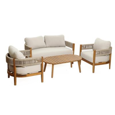 LuxenHome Outdoor Acacia Wood with Rope Sides 4-Person Club Patio Seating with Cushions and Coffee Table Set