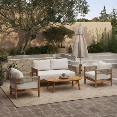 Image showing  Outdoor Acacia Wood with Rope Sides 4-Person Club Patio Seating with Cushions and Coffee Table Set