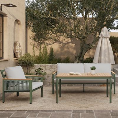Image showing  4-Piece Outdoor Aluminum with Wood-Style Plastic Patio Set with Cushions