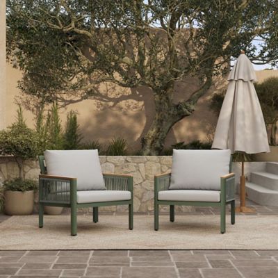 Image showing  Outdoor Aluminum with Wood-Style Plastic Armchairs with Cushions, Set of 2