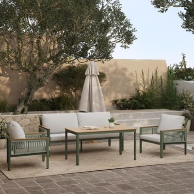 Image showing  Outdoor Aluminum with Wood-Style Plastic Armchairs with Cushions, Set of 2