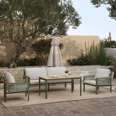 Image showing  Outdoor Aluminum with Wood-Style Plastic Loveseat Sofa with Cushions and Coffee Table Set