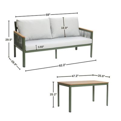 Image showing  Outdoor Aluminum with Wood-Style Plastic Loveseat Sofa with Cushions and Coffee Table Set