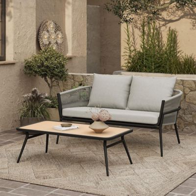 Image showing  Outdoor Aluminum with PE Rattan Loveseat Sofa with Cushions and Coffee Table Set