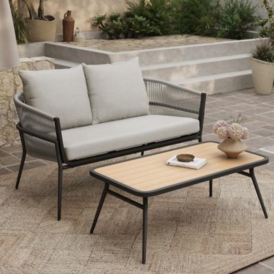 Image showing  Outdoor Aluminum with PE Rattan Loveseat Sofa with Cushions and Coffee Table Set
