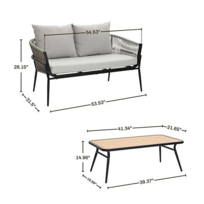 Image showing  Outdoor Aluminum with PE Rattan Loveseat Sofa with Cushions and Coffee Table Set