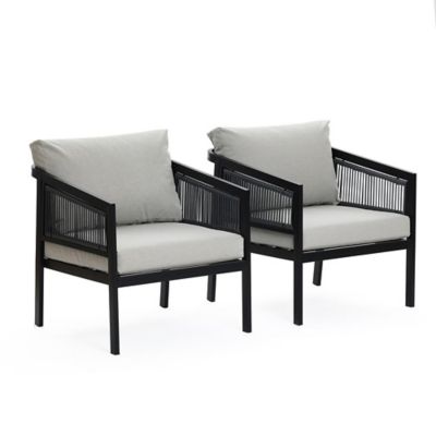 LuxenHome Outdoor Black Steel with PE Rattan Armchairs with Cushions, Set of 2
