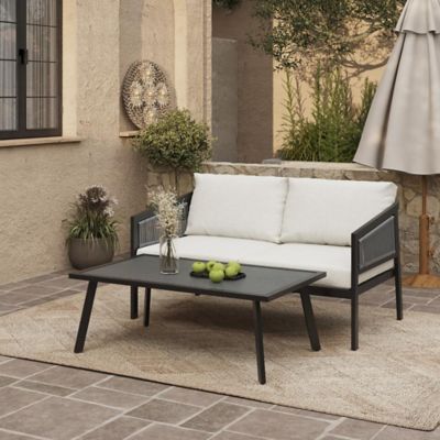 Image showing  Outdoor Black Steel with PE Rattan Loveseat with Cushions and Coffee Table Set