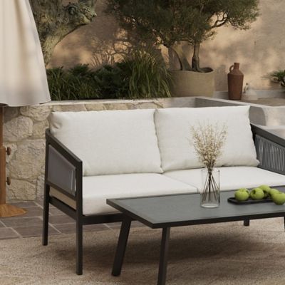 Image showing  Outdoor Black Steel with PE Rattan Loveseat with Cushions and Coffee Table Set