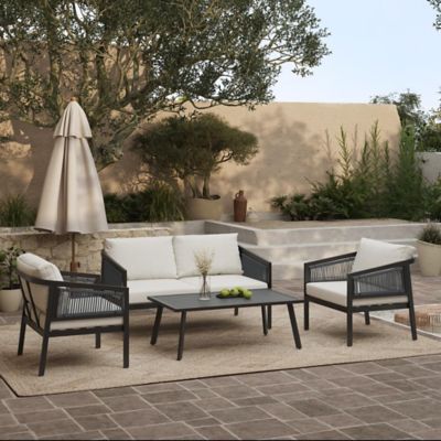 Image showing  Outdoor Black Steel with PE Rattan Loveseat with Cushions and Coffee Table Set