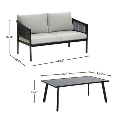 Image showing  Outdoor Black Steel with PE Rattan Loveseat with Cushions and Coffee Table Set