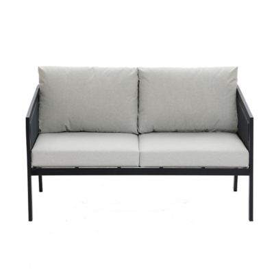 Image showing 5 th LuxenHome Outdoor Black Steel with PE Rattan Loveseat with Cushions and Coffee Table Set