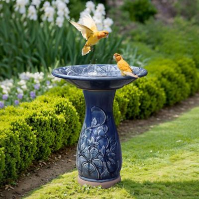 Image showing  Blue Petals and Vines 22-Inch Tall Ceramic Birdbath