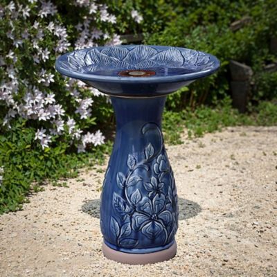 Image showing  Blue Petals and Vines 22-Inch Tall Ceramic Birdbath