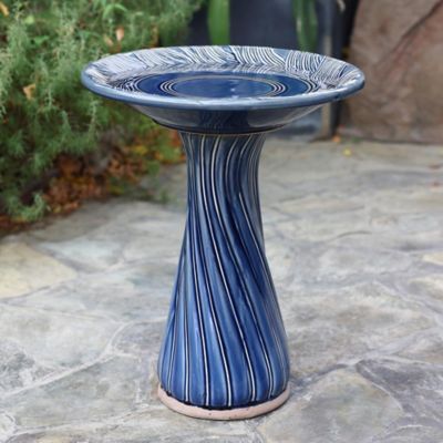 Image showing  Blue Leaves and Swirl 22-Inch Tall Ceramic Birdbath