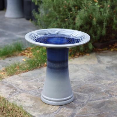 Image showing  Blue Waves 18-Inch Tall Ceramic Birdbath