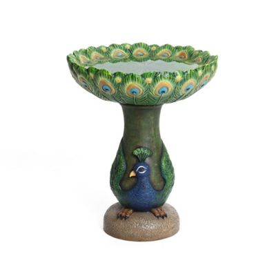 LuxenHome Blue and Green Peacock 20.5-Inch Tall Resin Birdbath