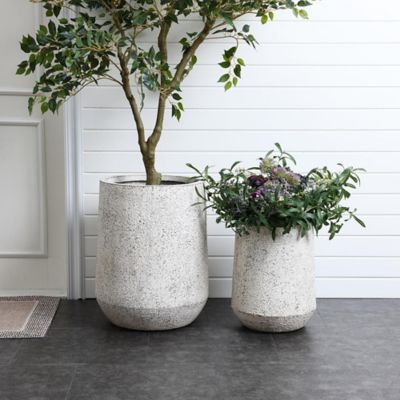 Image showing  Blue and White Flower Pattern Round Tapered MgO Planter, Indoor and Outdoor