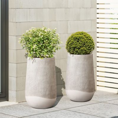 Image showing  Blended Tan with Wood Pattern Round Tapered MgO Planter, Indoor and Outdoor