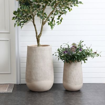 Image showing  Blended Tan with Wood Pattern Round Tapered MgO Planter, Indoor and Outdoor